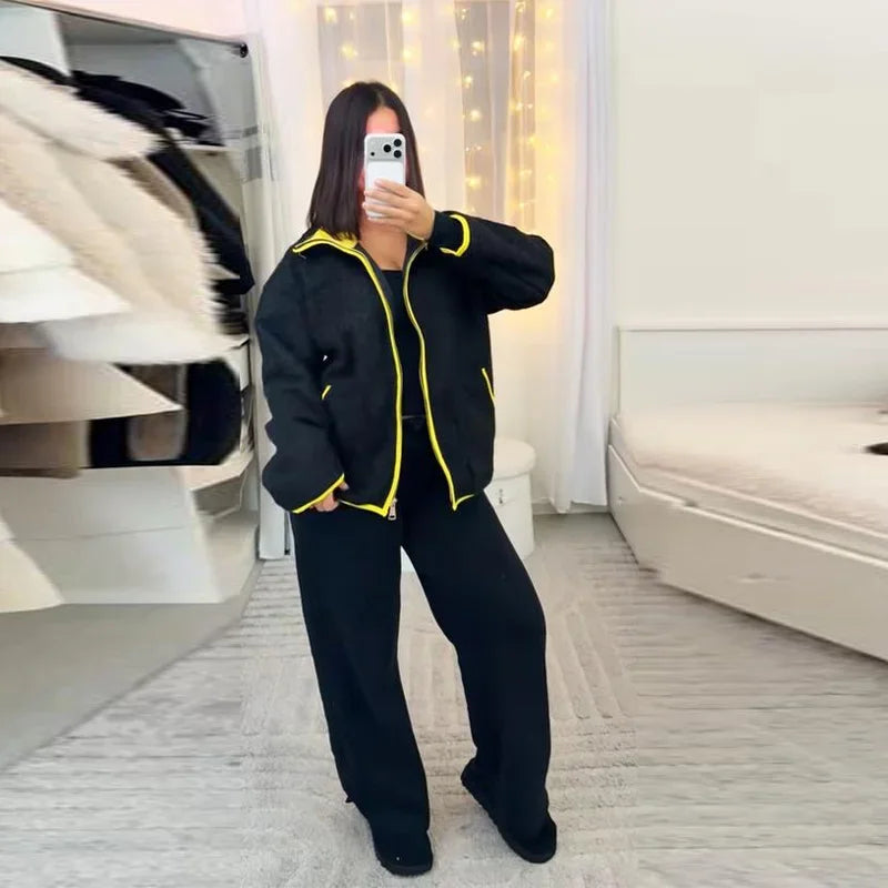 Fuzz Yellow Contrast Long Sleeve With Zipper Coat for Women