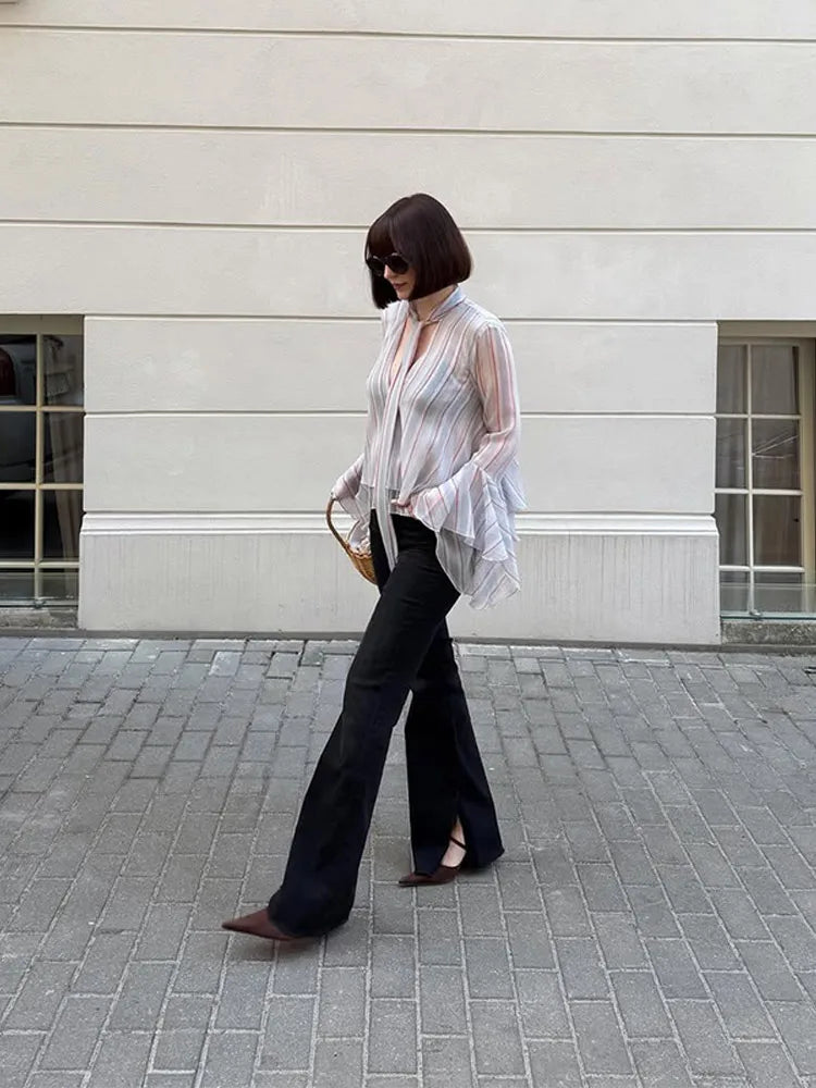 Casual Striped Long Flare Collar Cascading Ruffle Shirt for Women