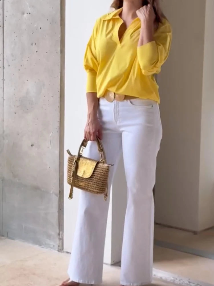 Beautyblue Women Yellow Blouse Cotton Shirt Summer New Casual Loose Tops Spring Chic Lapel Shirt Female Work Wear Shirt Blouse