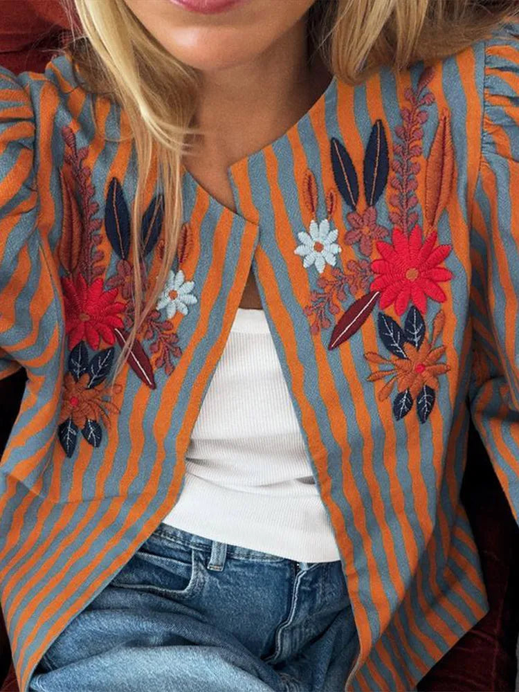 Elegant Striped Embroidered Open Stitch Jacket for Women