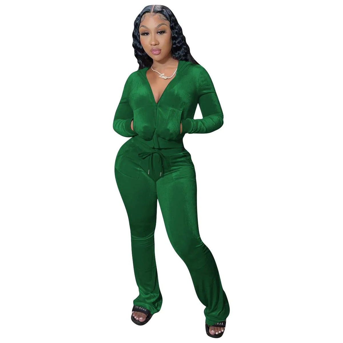 Hooded Zip Top And High Waist Pants Outfit Set for Women