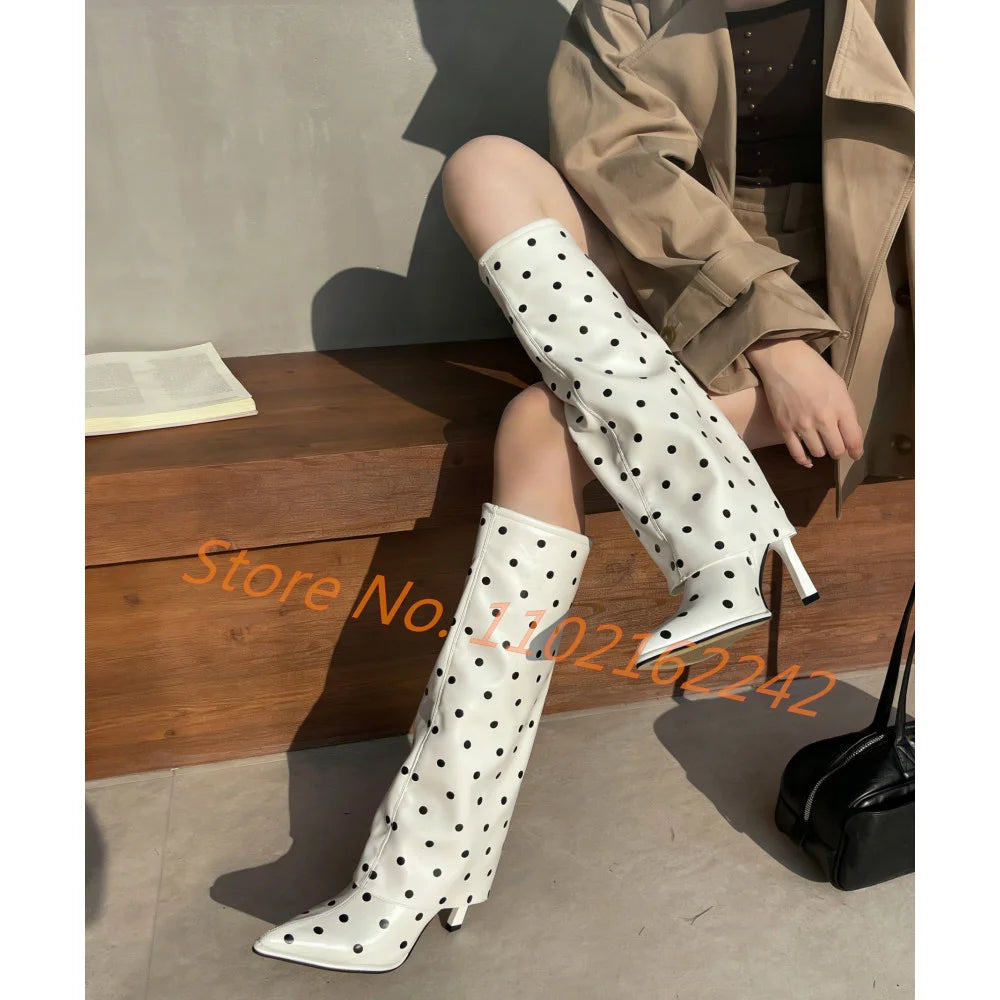 Polka Dot Pointed Toe Stiletto Knee High Boots for Women