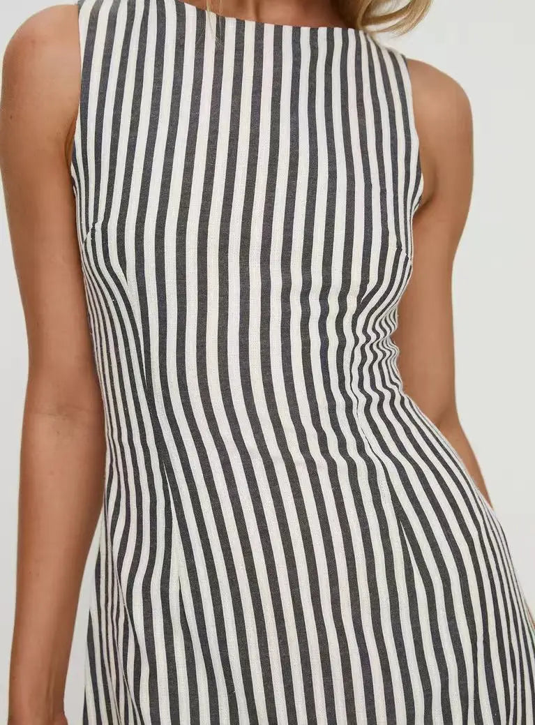 Casual Striped Print Crew Neck Sleeveless Mini Dress for Women