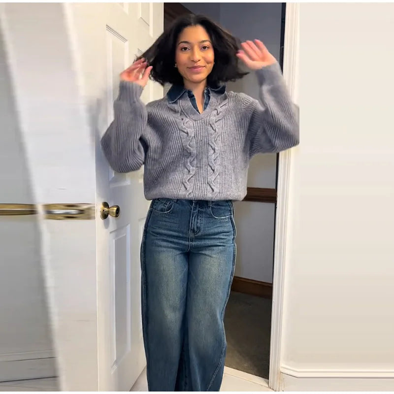 Long Sleeve Denim Collar Half Button Knit Top For Women