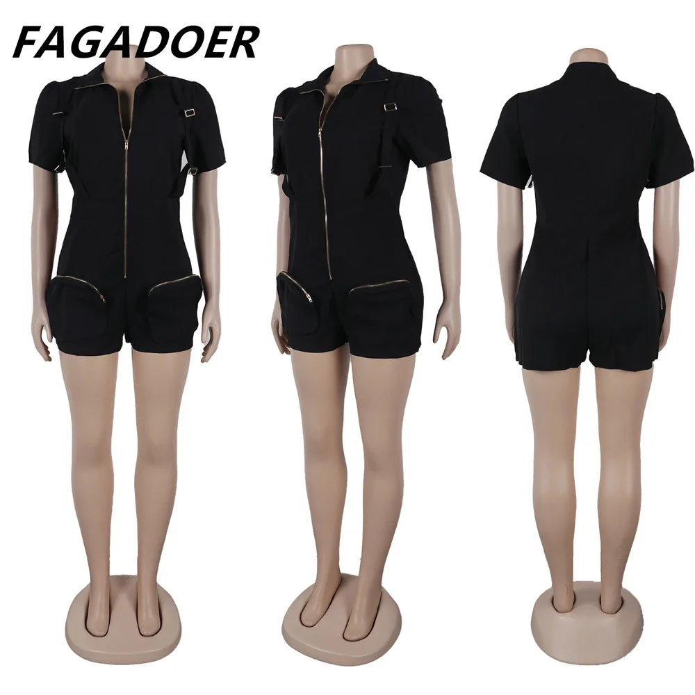 Solid Color Pocket Cargo Short Sleeve V Neck Romper for Women