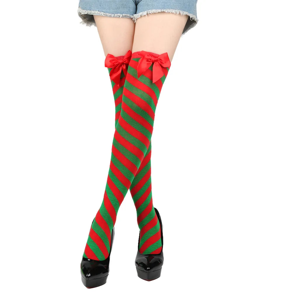 Red And Green Striped Christmas Stockings With Bows for Women