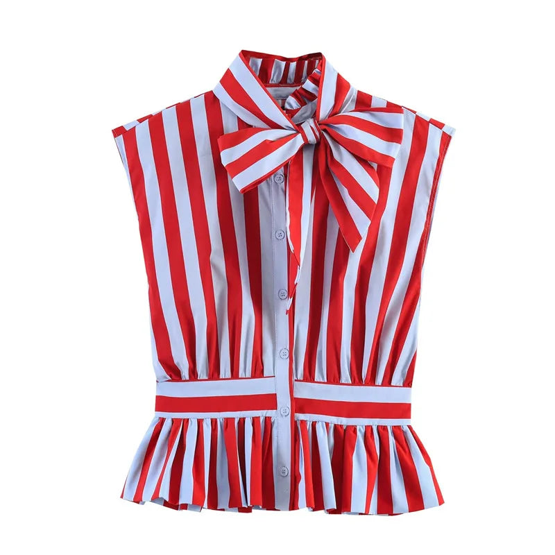 Chic Striped Sleeveless Bow Tie Collar Blouse for Women