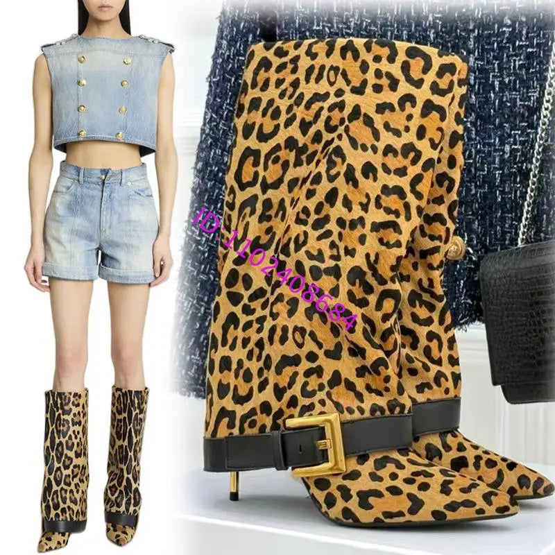Design Women Metal High Heel Pointed Toe Belt Buckle Knee High Boots Sexy Women Pointy Gold Belt Buckle Knee Boots Plus Size 46