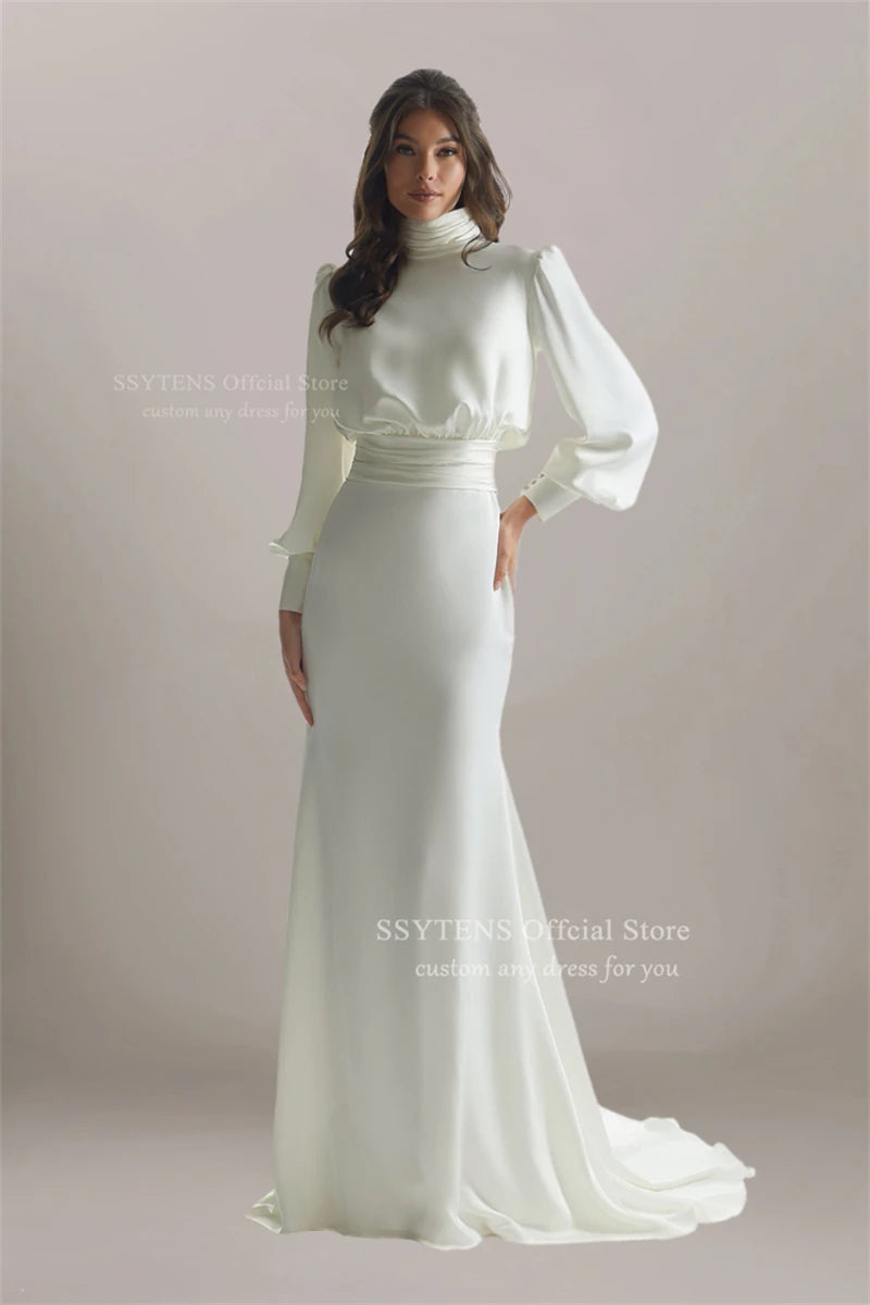Elegant Satin Mermaid Wedding Dress with Long Sleeves for Women