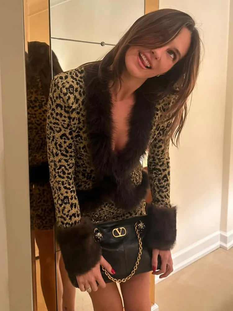 Cutenew Women 2 Piece Set Wild Fur Glitter Fluff Patchwork Cardigan Tops+Peach Hip Skirts Midnight Matching Hipster Clubwear