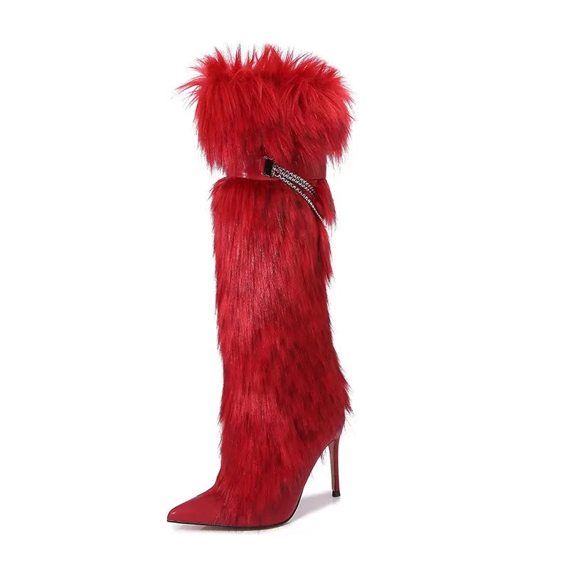 Elegant Faux Fur Knee High Stiletto Boots for Women