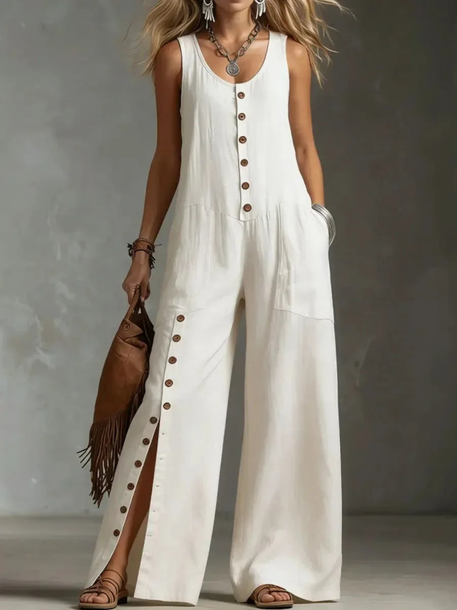 Sleeveless Solid Color Wide Leg Jumpsuit With Front Button Placket for Women