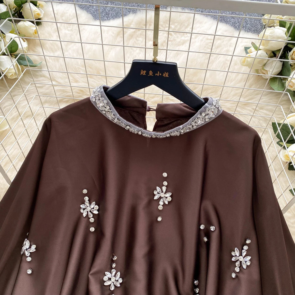 Elegant Beaded Satin Batwing Sleeve Blouse for Women