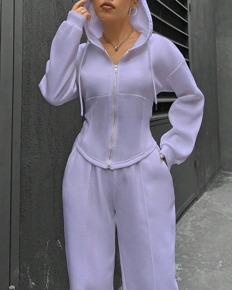 2 Pieces Pants Set Long Sleeve Zip Fly Slim Fit Hooded Top and Casual Wide Leg Pants Set