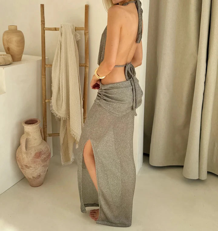 Sexy Knit Sets See-through Backless Lace-up Top Beach Half Skirt Two-piece Swimsuit Cover Up 2025 Summer Women Party Outfit K167