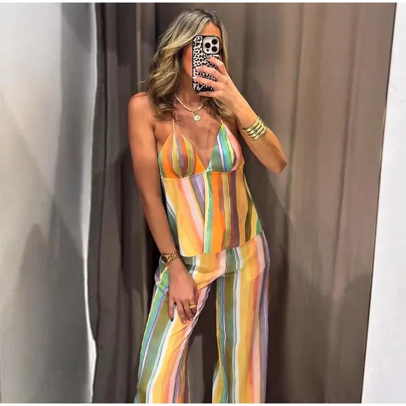 Cotton Striped High Waist Two Piece Summer Set For Women