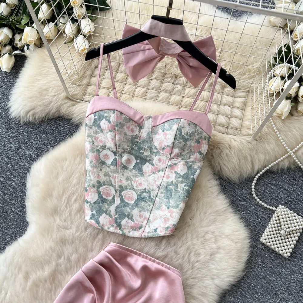 Bow Floral Satin Cami And Mermaid Skirt Set for Women