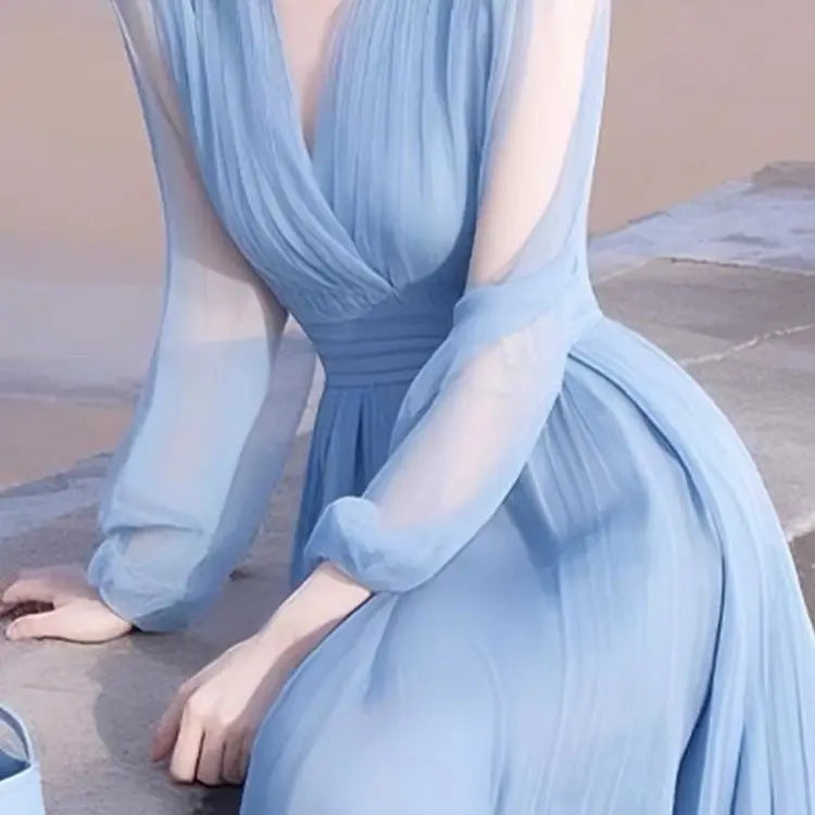 Elegant Blue Chiffon Ankle Length Flowing Dress For Women