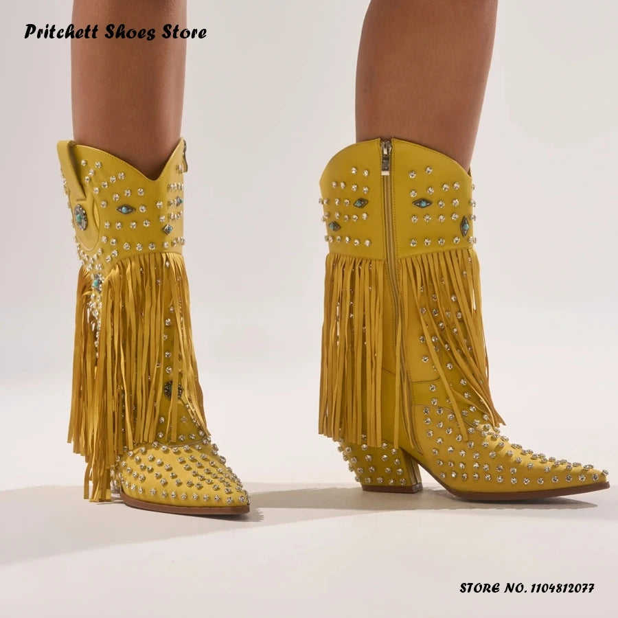Crystal Embellished Fringe Pointed Toe Leather Wedge Boots for Women