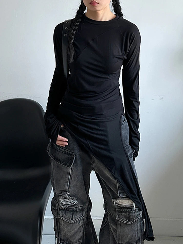 [EAM] Women White Irregular Hem Elegant Long Slim T-shirt New Round Neck Long Sleeve Fashion Tide Spring Autumn 2025 1DJ0097