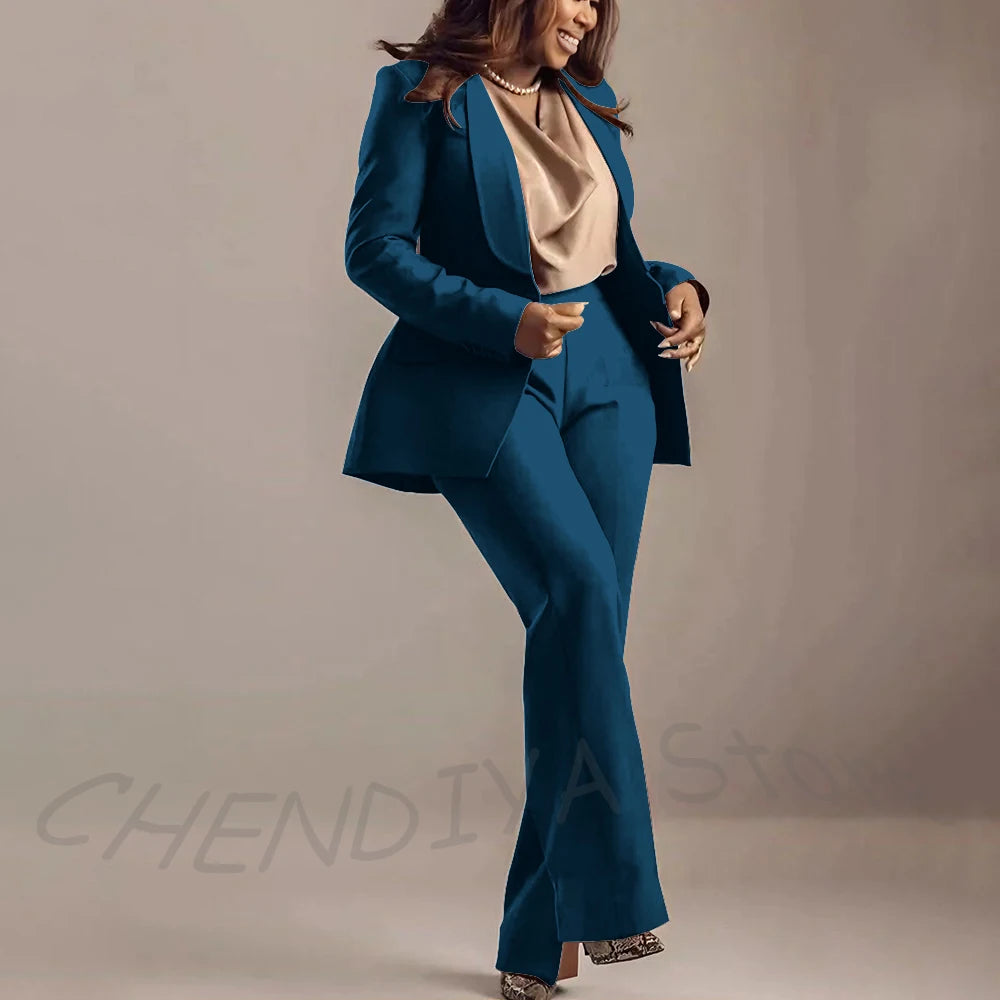 Classic Brown Women Suits Shawl Lapel Slim Fit Solid Color Formal Sets 2 Piece High Quality Office Lady Outfits Jacket Pants