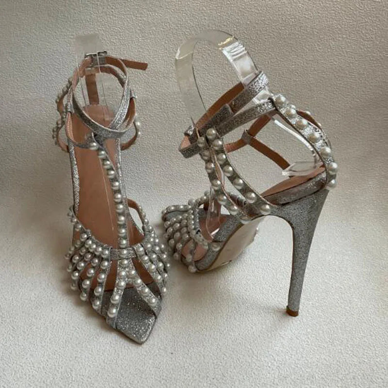 Silver Glitter Pearl Decor T Strap Sandals for Women