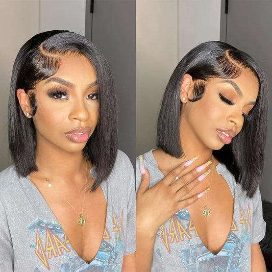 Straight Short Bob Wigs 13x4 Human Hair Lace Frontal Wigs 200% Remy Pre Plucked Transparent Lace 4x4 Short Bob Wigs For Women
