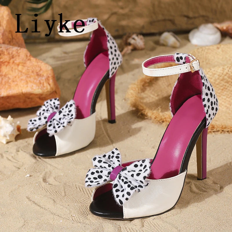 Polka Dot Bowknot Peep Toe Ankle Strap Sandals for Women