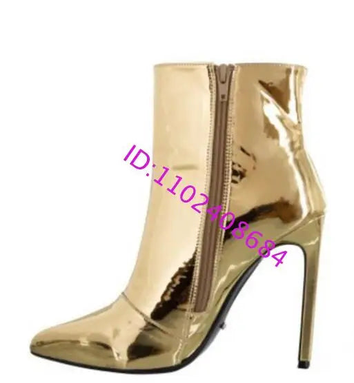 Fashion Woman Glitter Silver Gold Mirror Leather Pointed Toe High Heel Short Ankle Boots with Black Sole And Zipper Custom Make