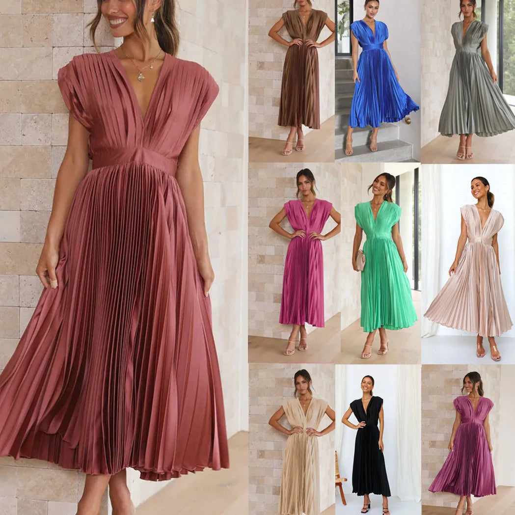 Elegance Draped V-Neck Pleated Skirt Dress 2025 Women Solid Strapless Backless Patchwork Loungewear Simple Maxi Dress