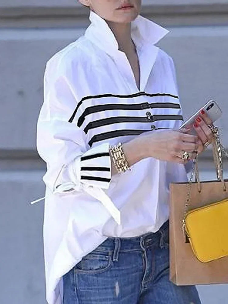 Lemongor Women's Lapel Shirts 2025 New Spring Fashion Striped Contrast Color Buttoned Flared Sleeves Loose Urban Casual Blouses