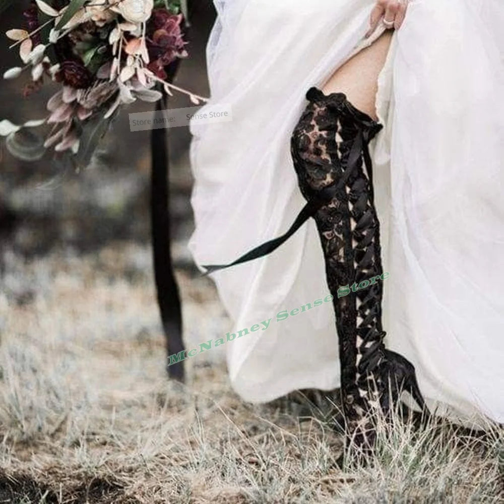 Lace Up Mesh Hollow Stiletto Knee High Boots For Women