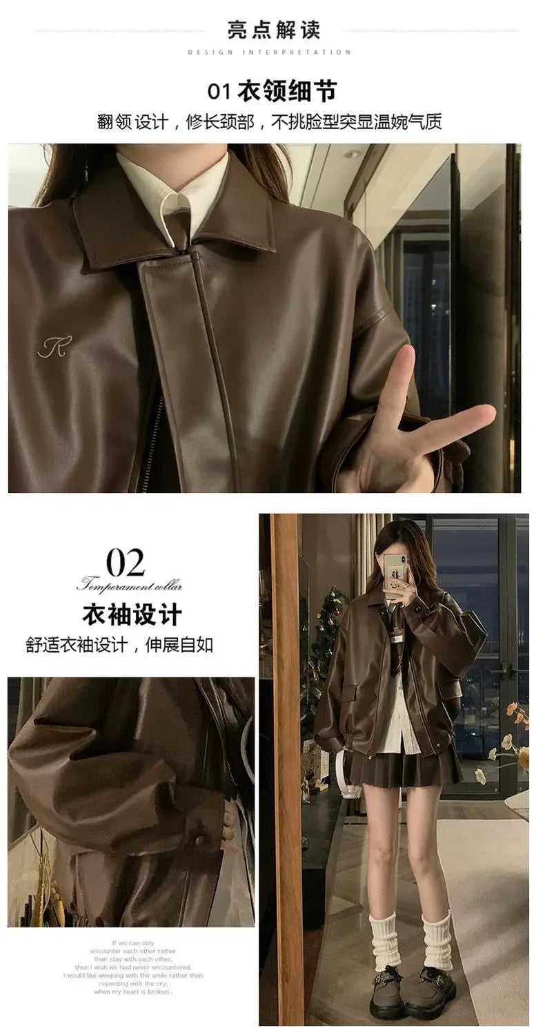 Short American Retro PU Leather Baseball Jacket for Women