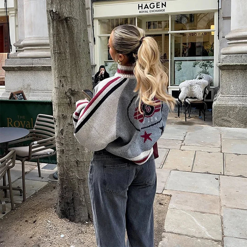 Printed Striped Knitted Baseball Cardigan for Women