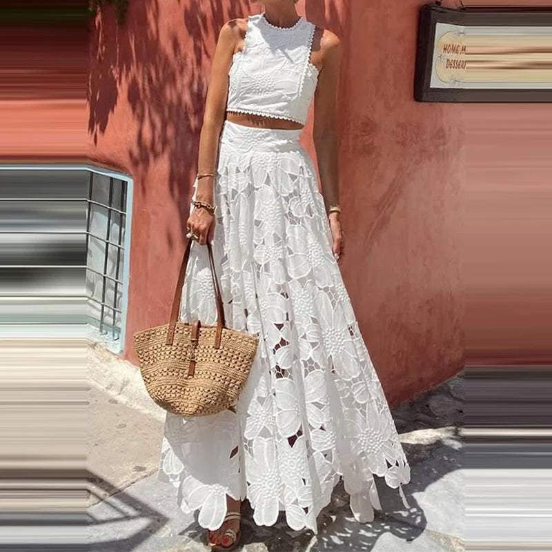 Fashion O-neck Sleeveless Top with Long Skirt Suit Sexy Exposed Navel Holiday Outfit 2025 Lace Hollow Loose Women's 2 Piece Set