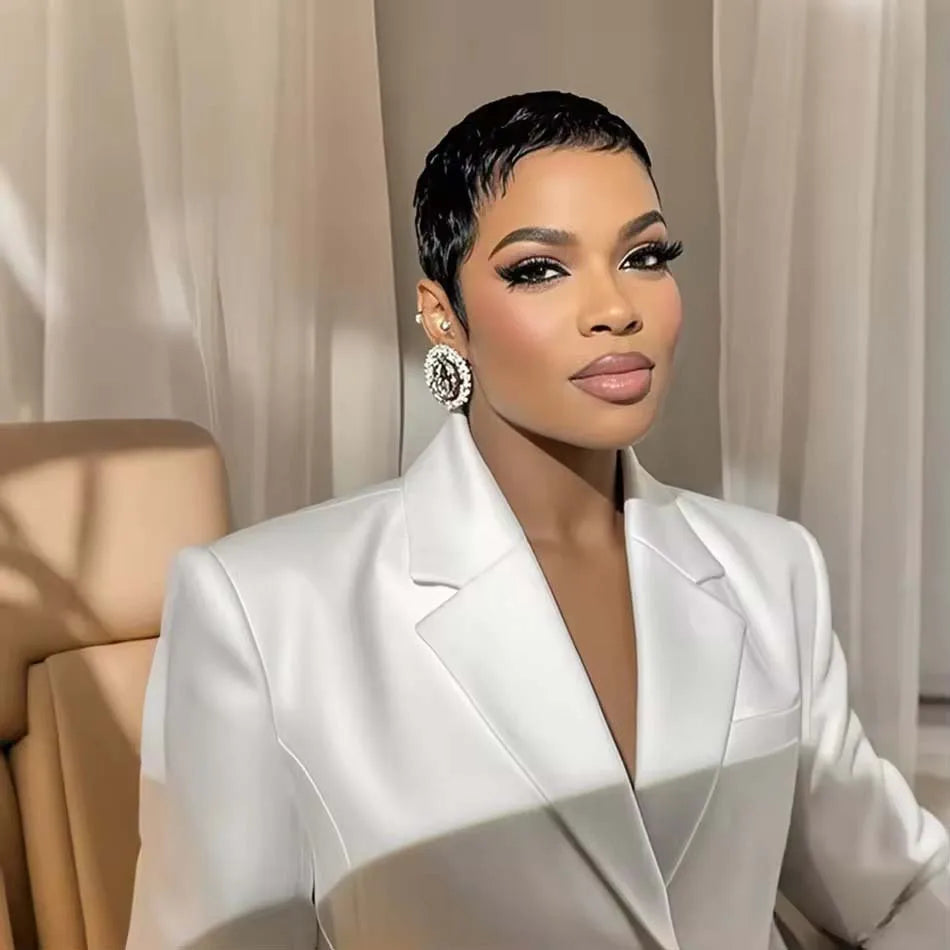 Natural Short Pixie Cut Curly Brazilian Remy Wig for Women
