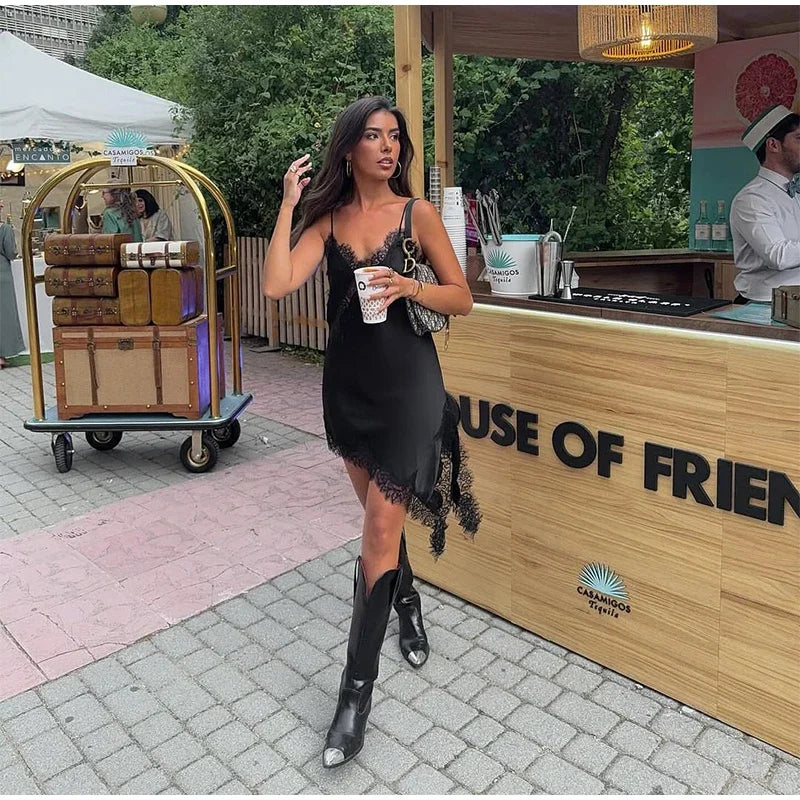 Brown Satin Lace Splicing Sling Dress Women Elegant Irregular Hem V Neck Backless Sleeveless Gown Chic Women Party Club Vestidos