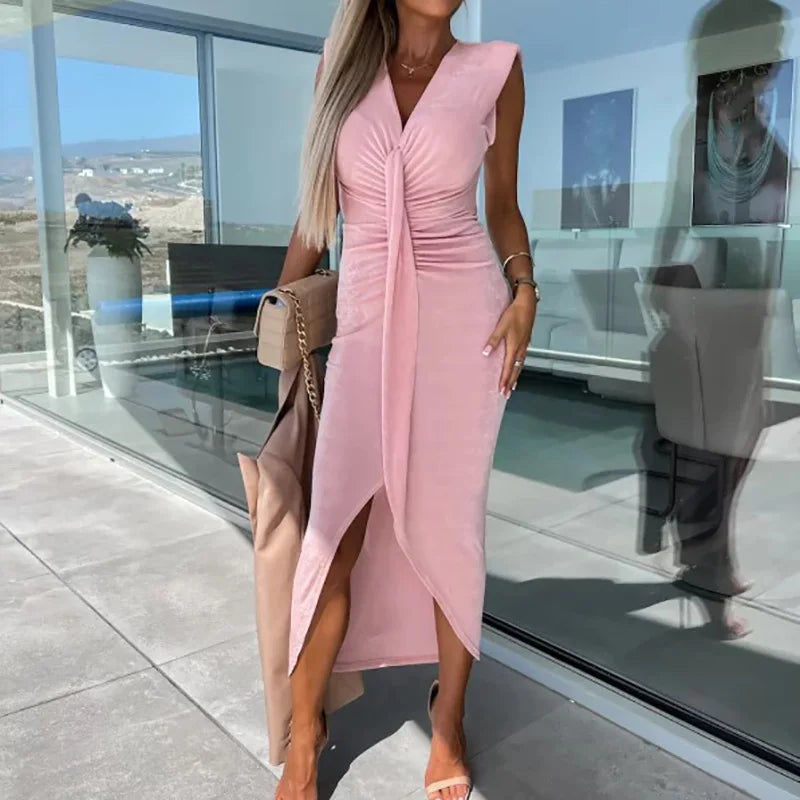 Office Lady Loungewear Deep V-Neck Maxi Dress Women Summer Sleeveless Solid Slim Fit Folds Party Dress Streetwear Dropshipping