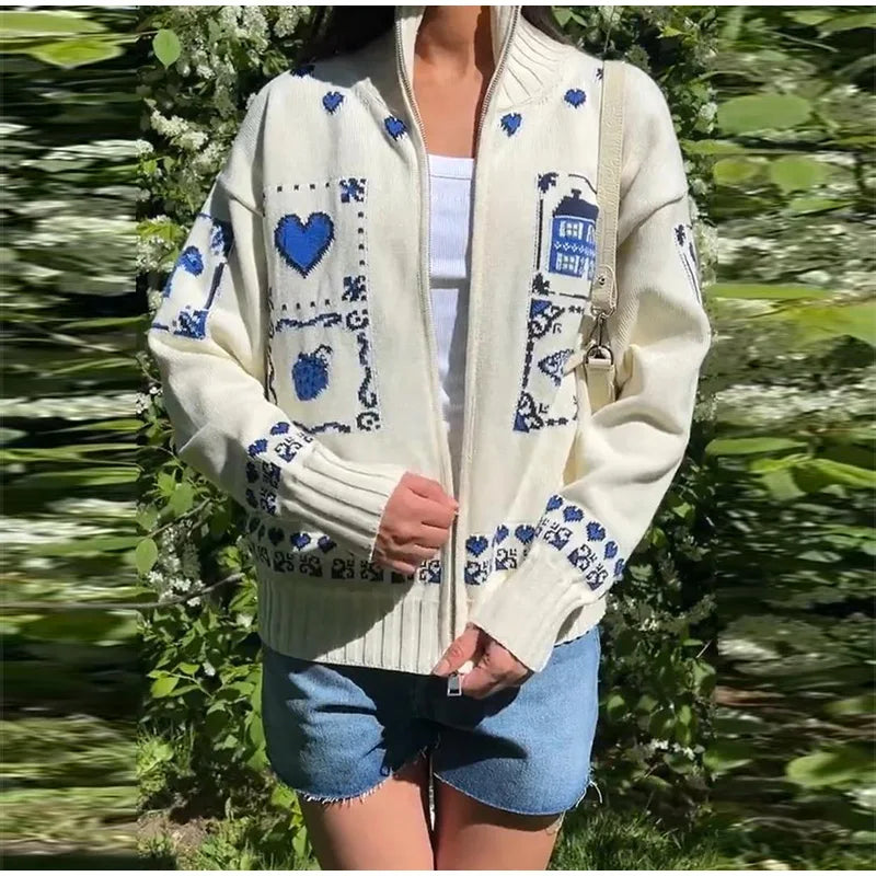 Blue Jacquard Stand Collar Zipper Cardigan for Women
