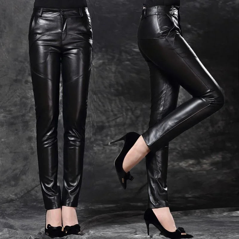 Mid Waist Faux Leather Straight Leg Trousers for Women