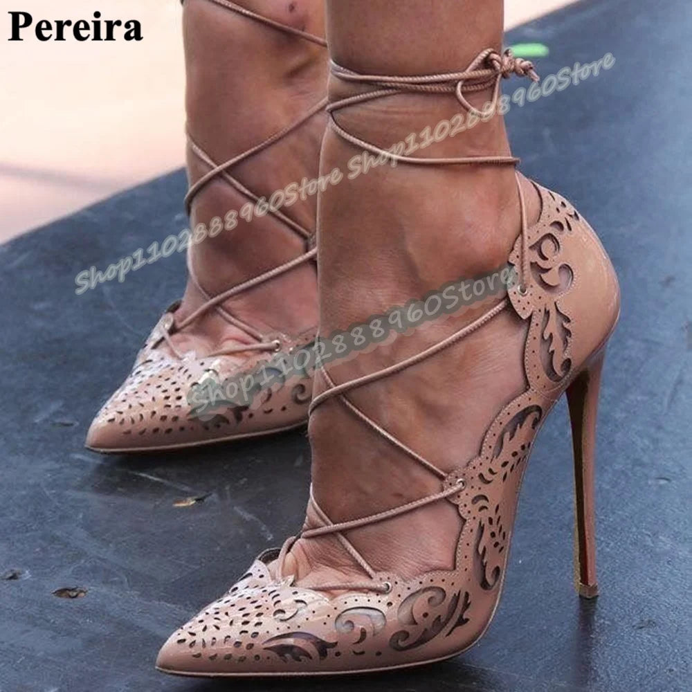 Gold Leather Shallow Hollow Pointy Pumps Stilettos High Heel Shoes For Women Cross Tied Pointed Toe Luxury Party Stylish Pumps