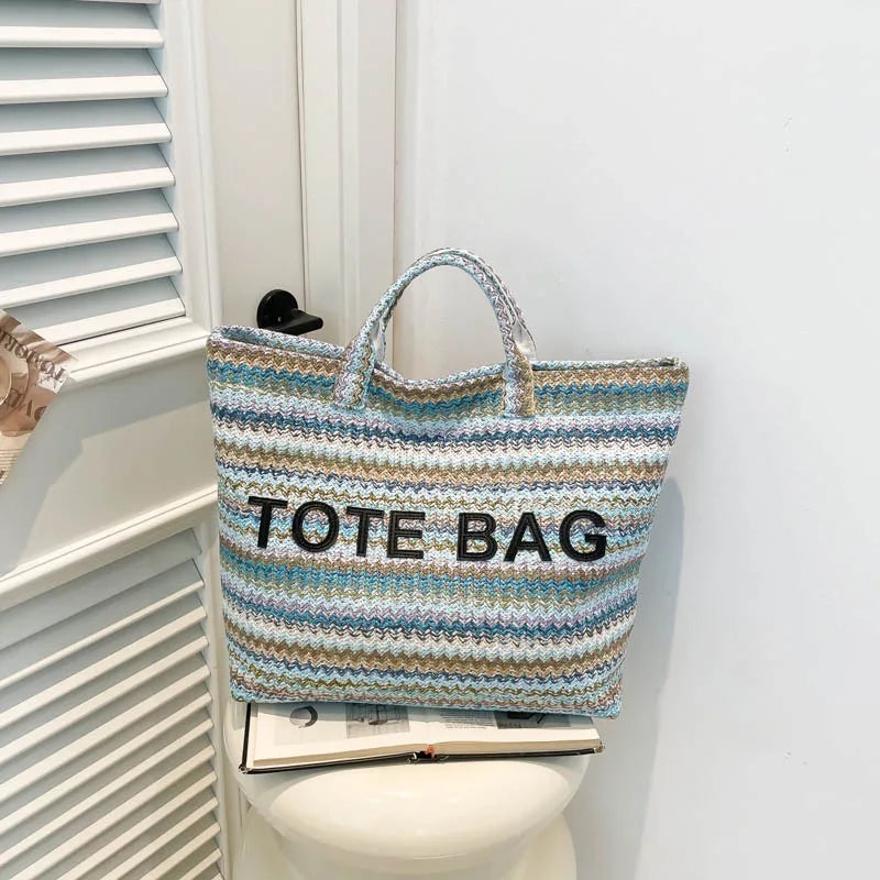 New straw woven bag, large capacity tote bag, crossbody striped letter contrasting beach bag