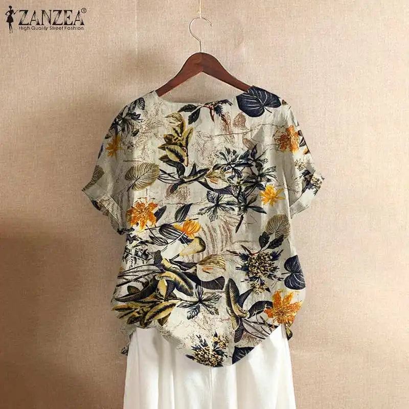 ZANZEA Women Cotton Shirt Fashion Floral Printed Tops Ladies Kaftan Chemise 2024 Summer Short Sleeve Blouses Causal O-neck Tunic