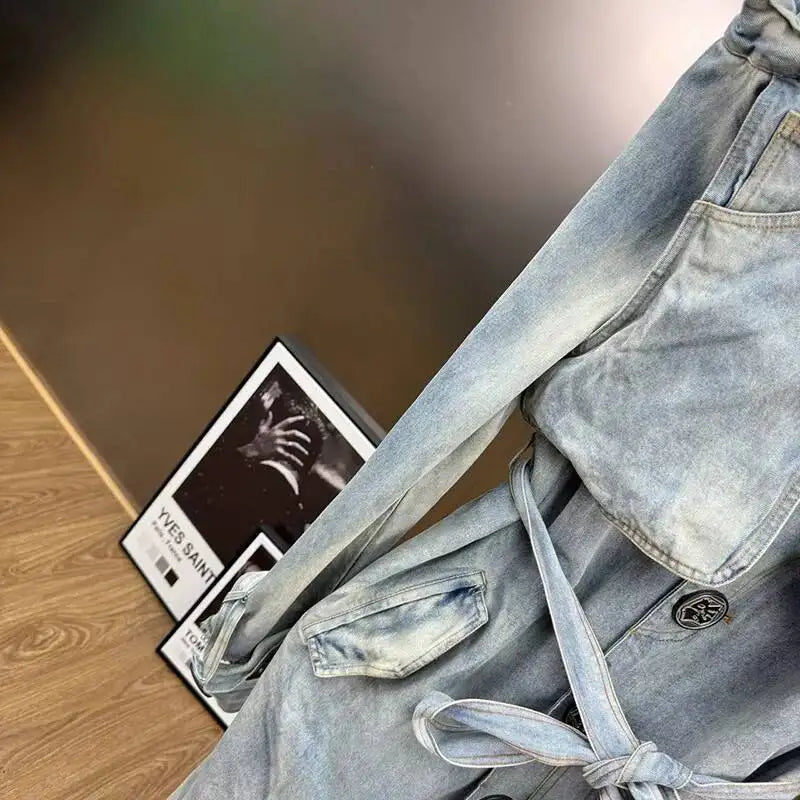 KUCLUT 2025 Autumn Fashion Elegant Turn-Down Collar Washed Denim Trench For Women With Belt Loose Street Style Coat 1A66505