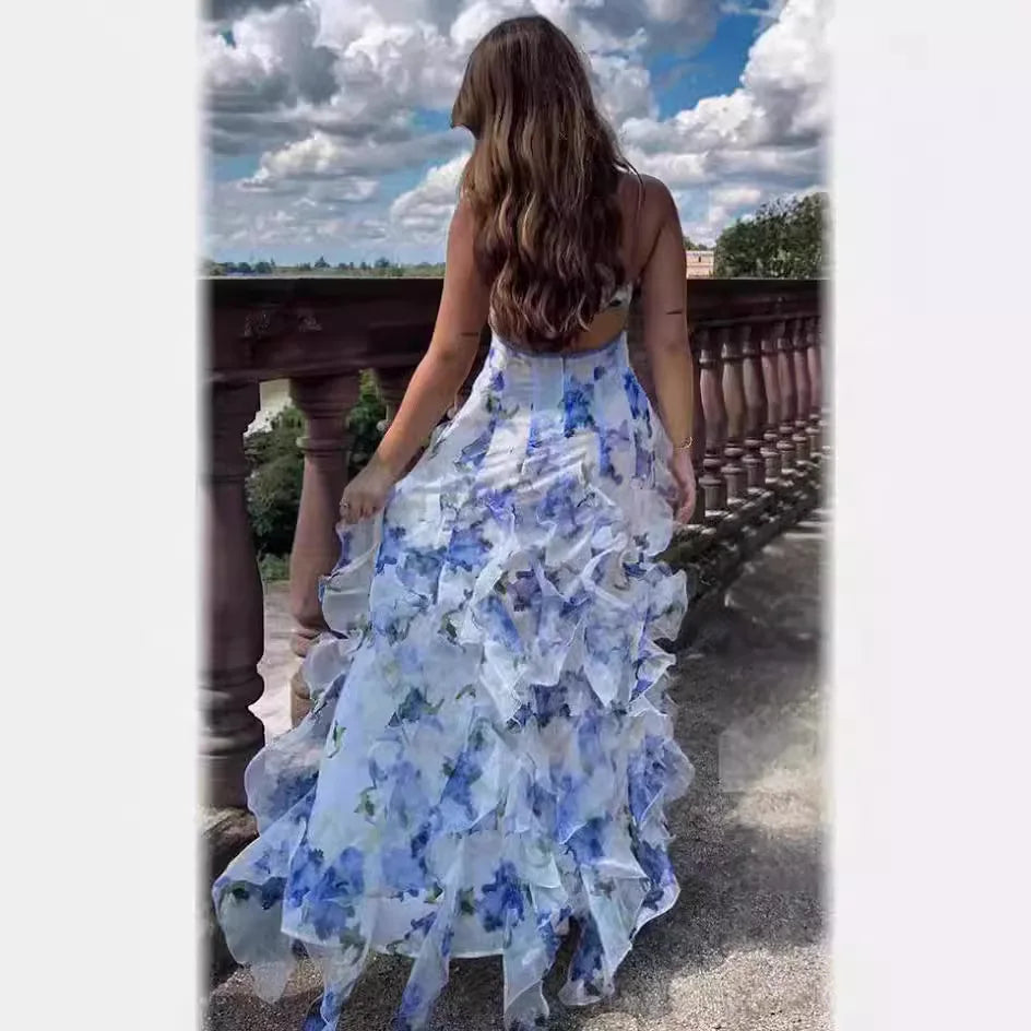 Boho Floral Ruffles Sleeveless Maxi Dress for Women