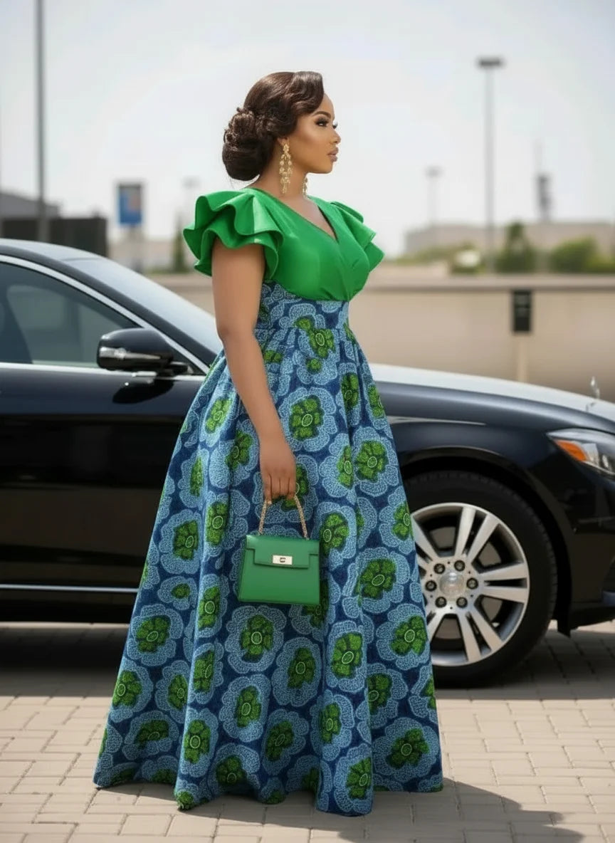 Plus Size V Neck Ruffle Short Sleeve Patchwork Print Maxi Flare Dress For Women Wedding Guest Daily Party Occasions
