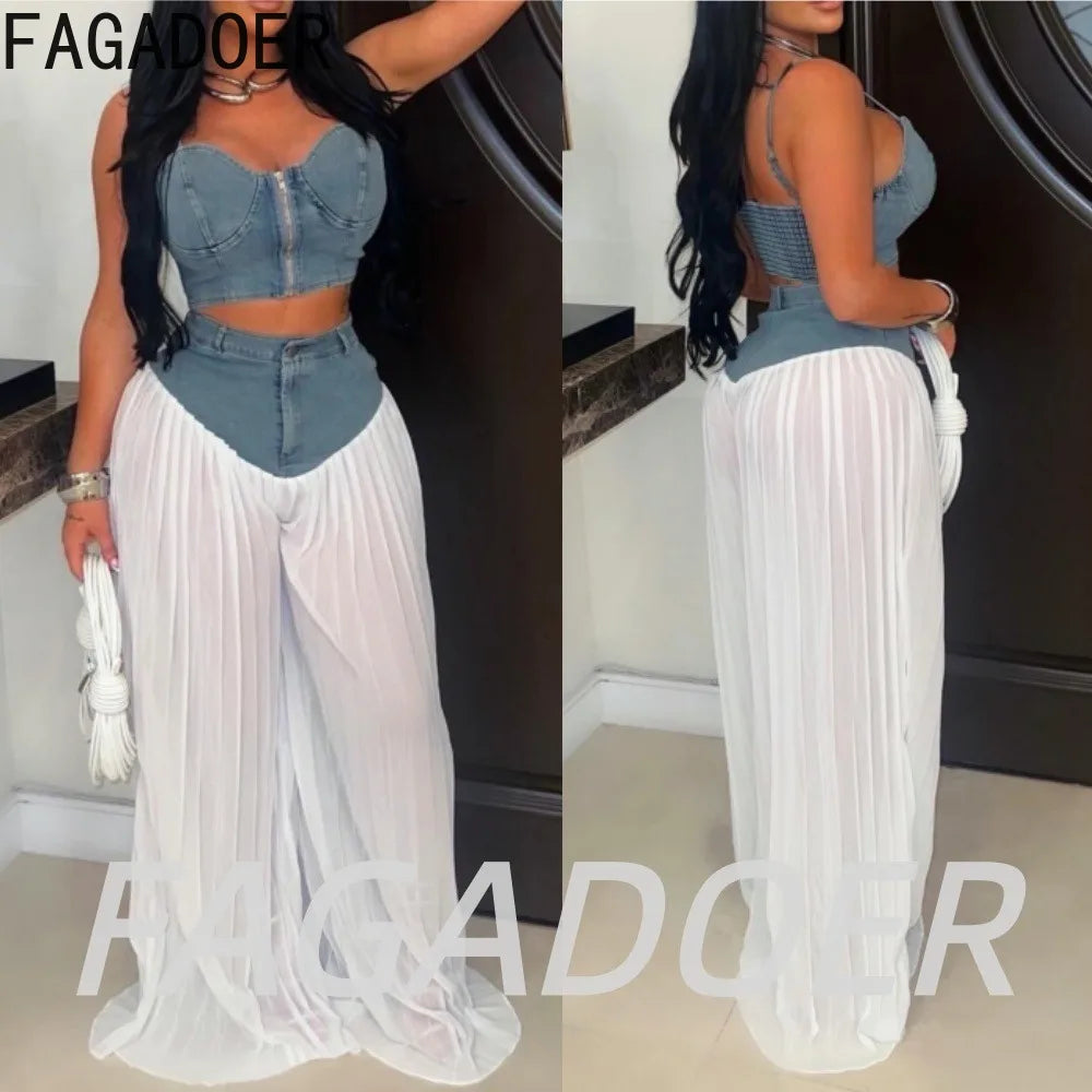 Spaghetti Strap Crop Top Denim Patchwork Two Piece Set for Women
