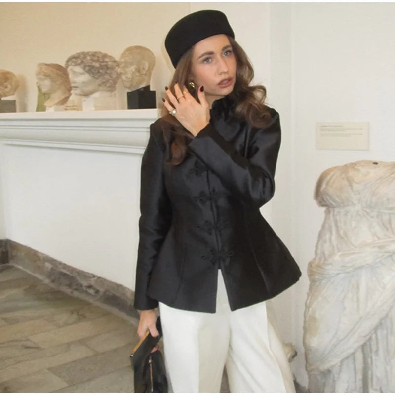 Chinese Knot Stand Collar Long Sleeve Jacket for Women