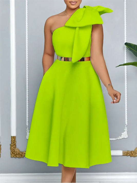 Dress One Shoulder A Line Pleated Knee Length Sleeveless Bow Belt Elegant Party Style