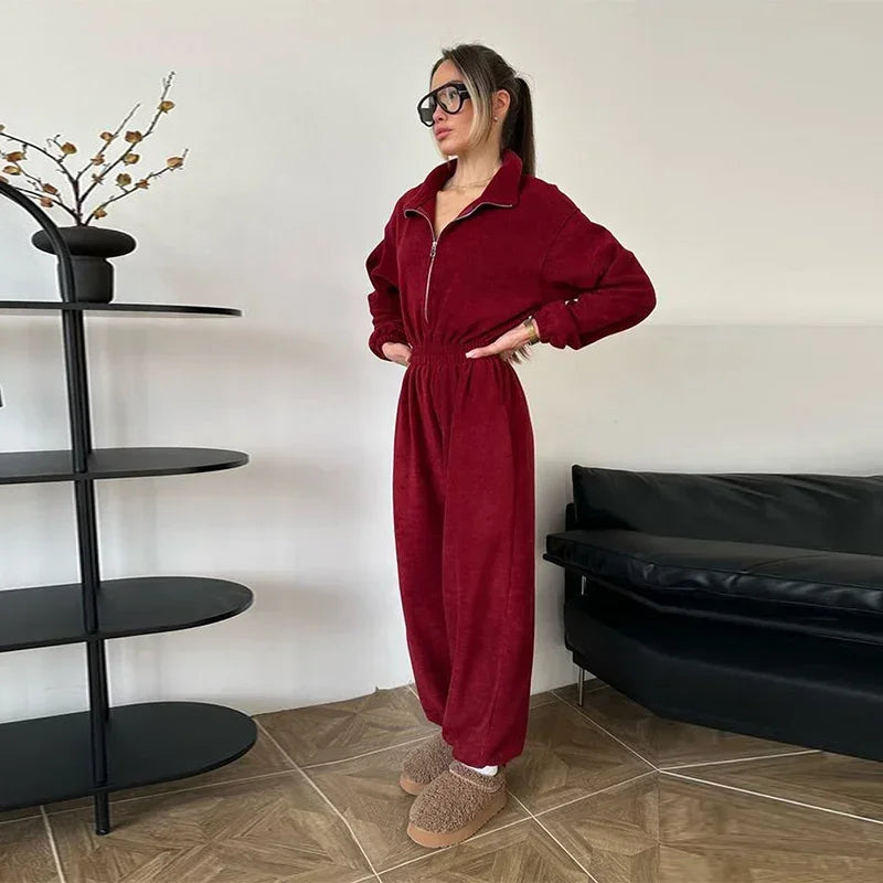 Casual Brown Stand Collar Long Sleeve Jumpsuit for Women